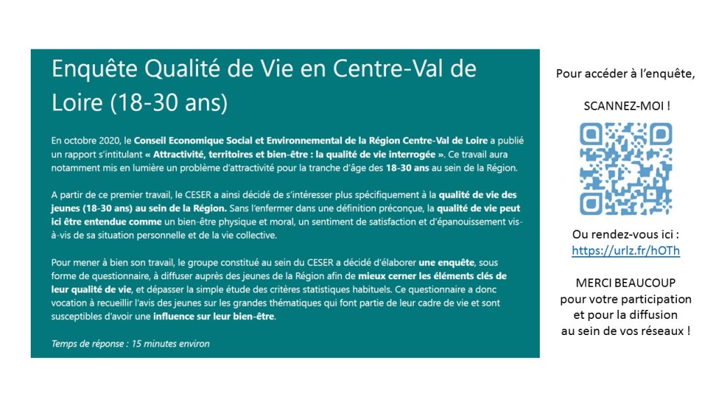 Enquête Qualité de Vie en Centre-Val de Loire pour les 18-30 ans